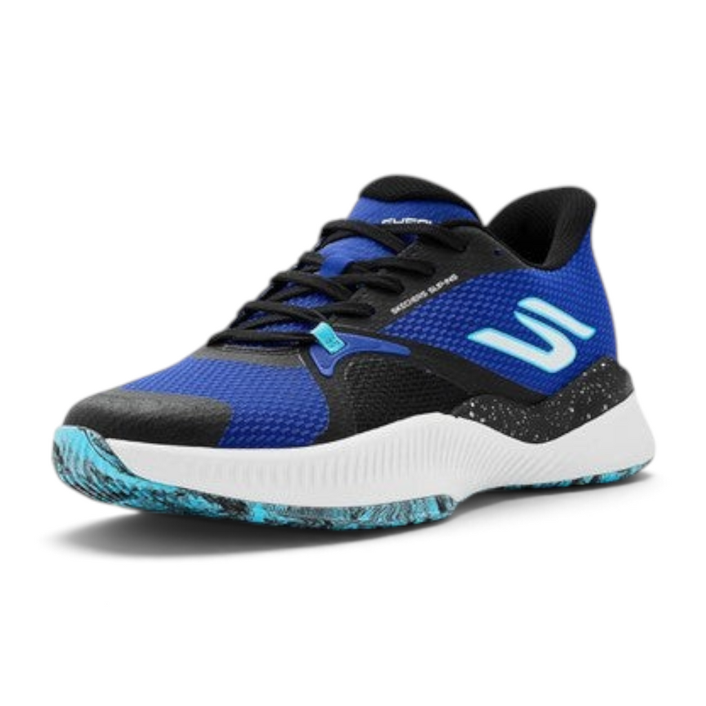 FRG Skechers State Champ tennis shoe in black and blue with a lightweight mesh upper and speckled midsole
