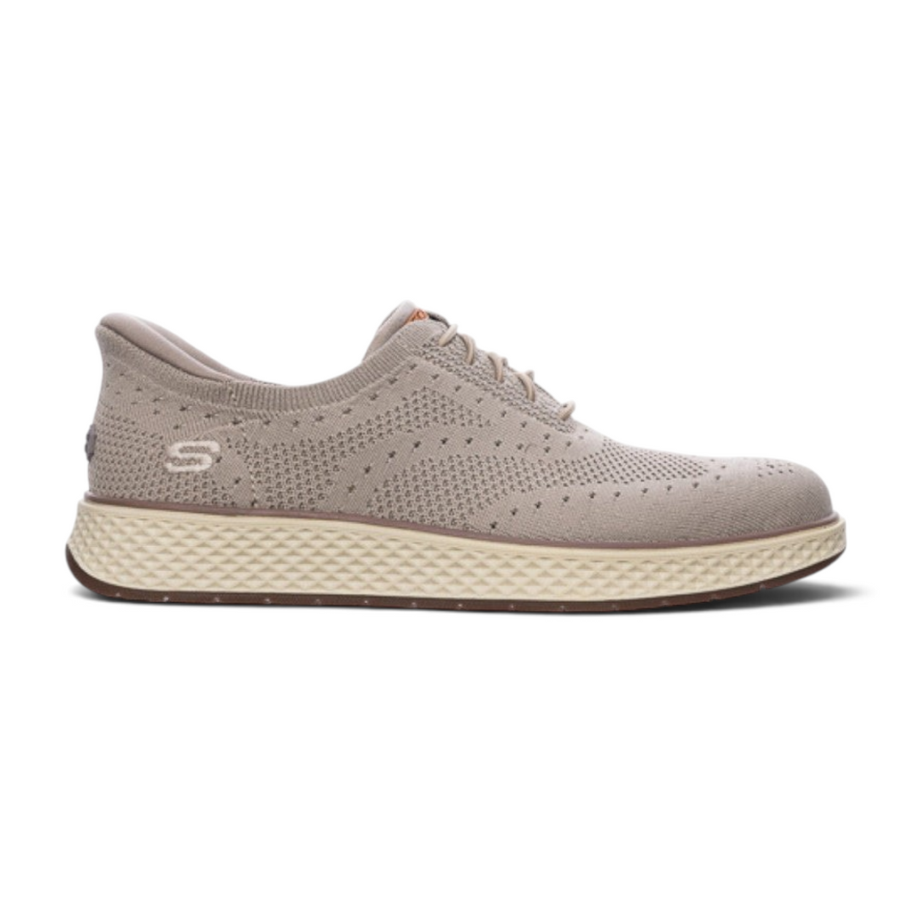 FRG Skechers Burkett Durand taupe wingtip slip-on shoe with breathable knit upper and cushioned sole