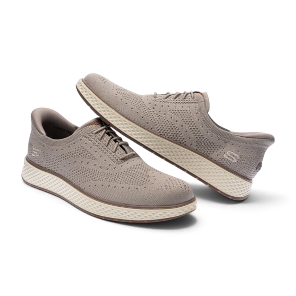 FRG Skechers Burkett Durand taupe wingtip slip-on sneakers with breathable knit upper and memory foam insole