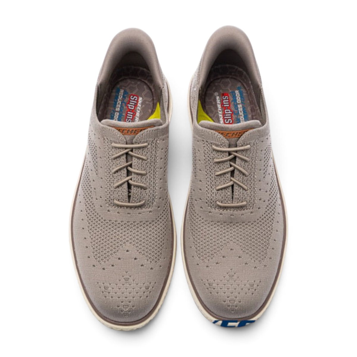 FRG Skechers Burkett Durand taupe wingtip slip-on sneakers with breathable knit upper and fixed stretch laces