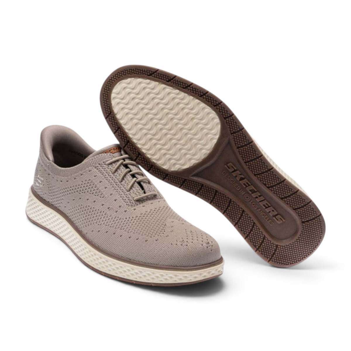 FRG Skechers Burkett Durand taupe knit wingtip slip-on shoe with memory foam insole and textured rubber outsole