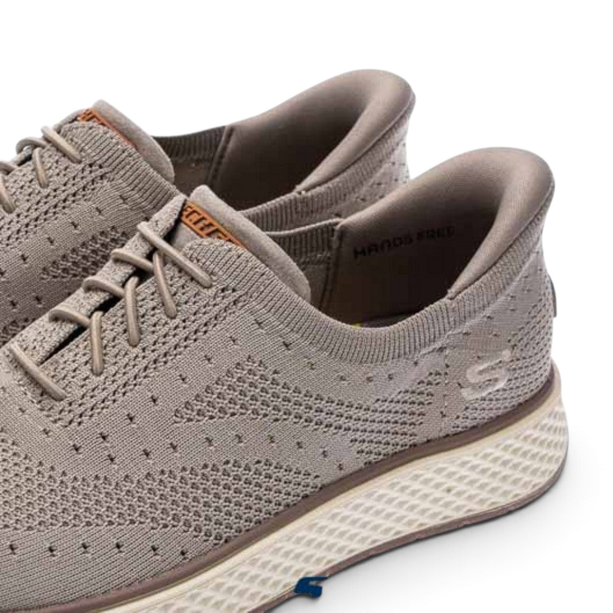 FRG Skechers Burkett Durand taupe wingtip slip-on shoes with breathable knit upper and stretch laces