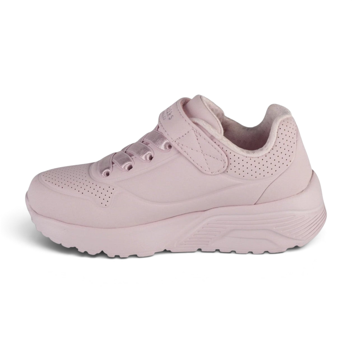 FRG Skechers UNO LITE light pink sneakers with perforated details, elastic laces, and a hook-and-loop strap closure.