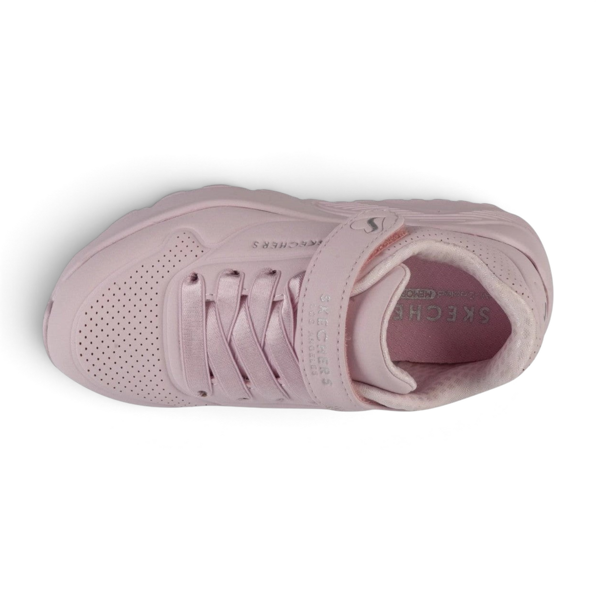 FRG Skechers UNO LITE light pink sneakers with perforated details and a hook-and-loop strap, top-down view