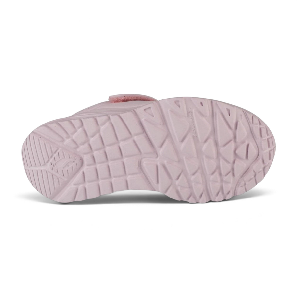 FRG Skechers UNO LITE light pink sneaker showing the durable rubber traction outsole pattern