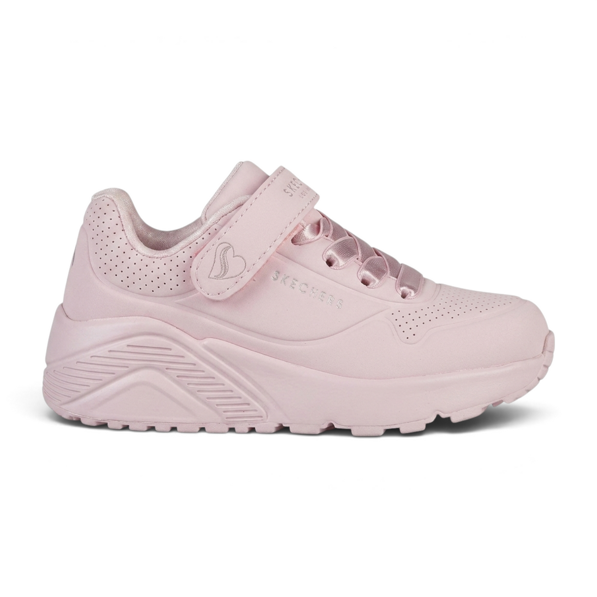 FRG Skechers UNO LITE light pink sneakers with a hook-and-loop strap, satin laces, and a chunky platform sole.